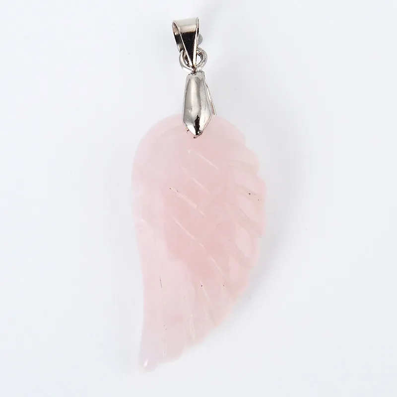 New 1Pc Natural Stone Amethysts Rose Pink Clear Quartz Opal Aventurine Fluorite Bead Carved Angel Wings Feather Pendant Jewelry