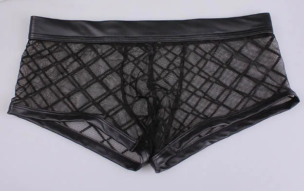 Gay Bar Performance Mens Boxers Underwear Sexy Black Plaid Fishnet Mesh Transparent See through Underpants