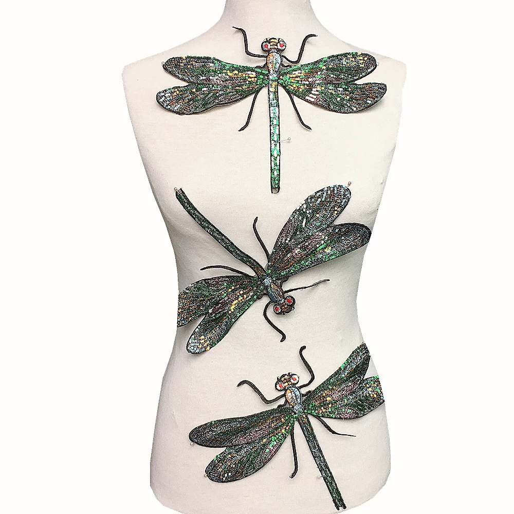 3pc Dragonfly Sequin Embroidery Patch Embroidered Applique Insect Patches For Clothing Appliques Parches Iron On 28x21cm AC1191