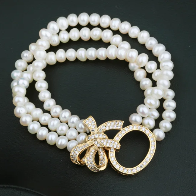 3rows freshwater pearl near round 8-9mm necklace bracelet wholesale beads 18-20inch  nature unique clasp