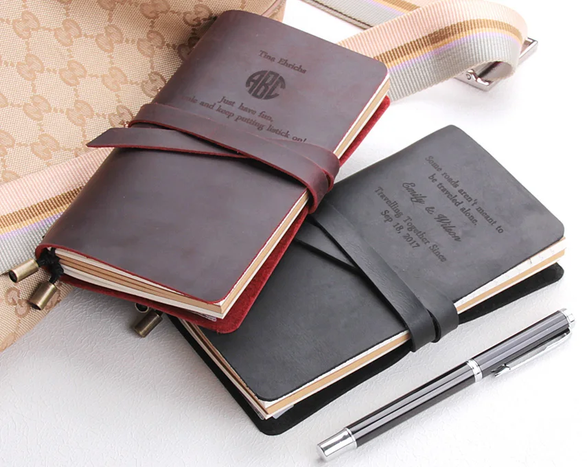 Refillable Leather Travelers Notebook - Personalized Travel Diary sketchbook - Custom Text Leather Journal Writing Notebook