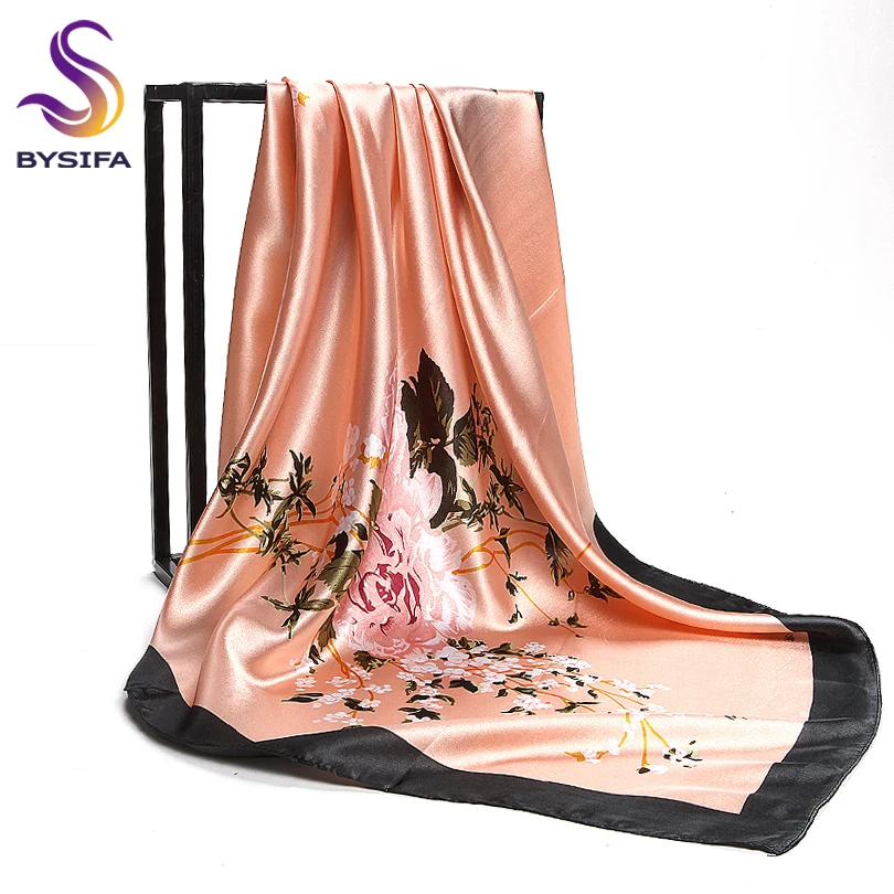 [BYSIFA] Muslim Women Head Neck Scarf Shawl 2017 Trendy Chinese Silk Square Satin Scarf 90*90cm Pink Coffee Roses Scarves Wraps