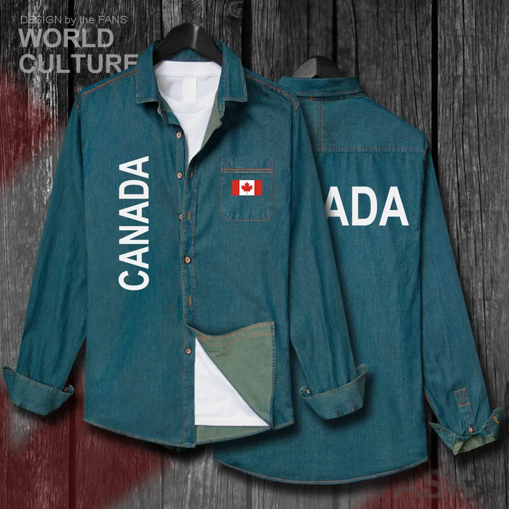 Canada Canadians CA CAN Men Flags Clothes Autumn Cotton Long Sleeve Cowboy Casual Coat Fashion Turn-down Collar Jeans Shirt Tops