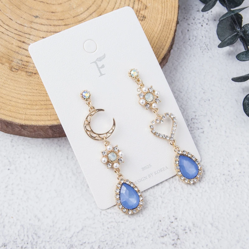 2019 New Sweet Asymmetry Shiny Rhinestone Love Heart Moon Drop Earrings for Women Long Blue Crystal Tassel Dangle Jewelry 6A2032