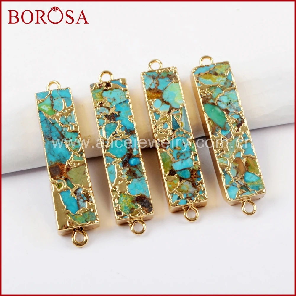 BOROSA 5/10PCS Gold Color Rectangle Copper Turquoises Connector Natural Blue Stone Double Charms Gems for Necklace Jewelry G1650