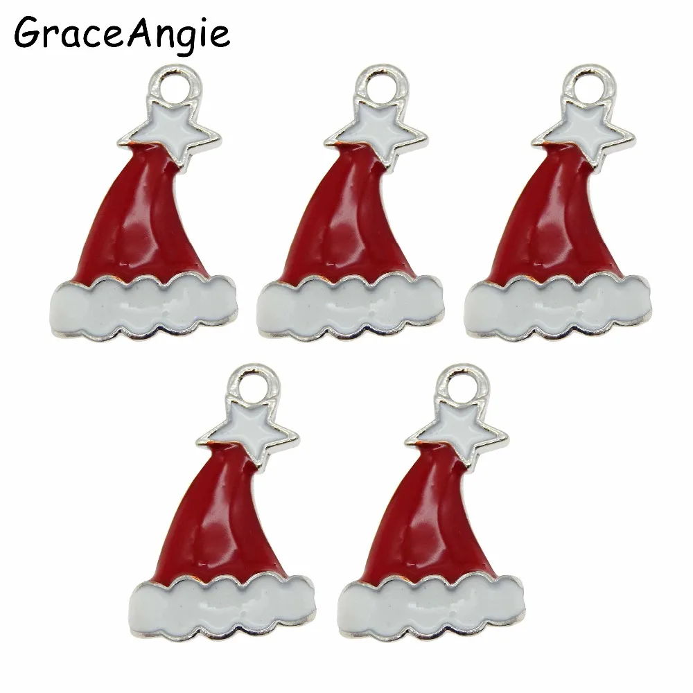 GraceAngie 10PCS Christmas Handmade Necklace Santa Claus Hats Bracelet Enamel Charms Pendants Festival Zinc Alloy DIY Jewelry