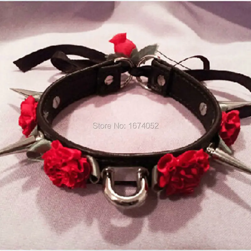 Cute Kawaii 100% Handcrafted Rose Flower Long Spikes Ribbon Lace Up Leather Choker Collar Necklace