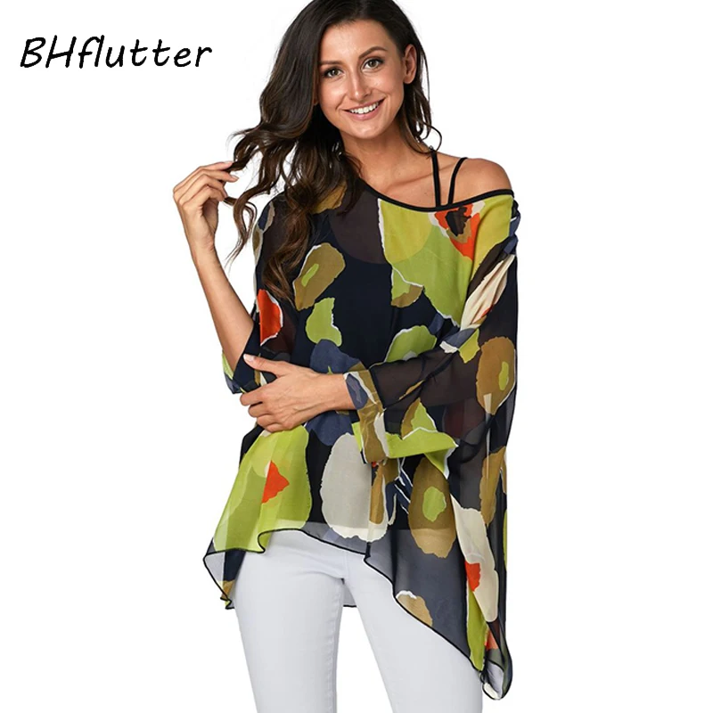 Bhflutter mulheres topos fora do ombro sexy blusas de verão 2022 nova chegada cor emendado casual solto chiffon camisas mujer