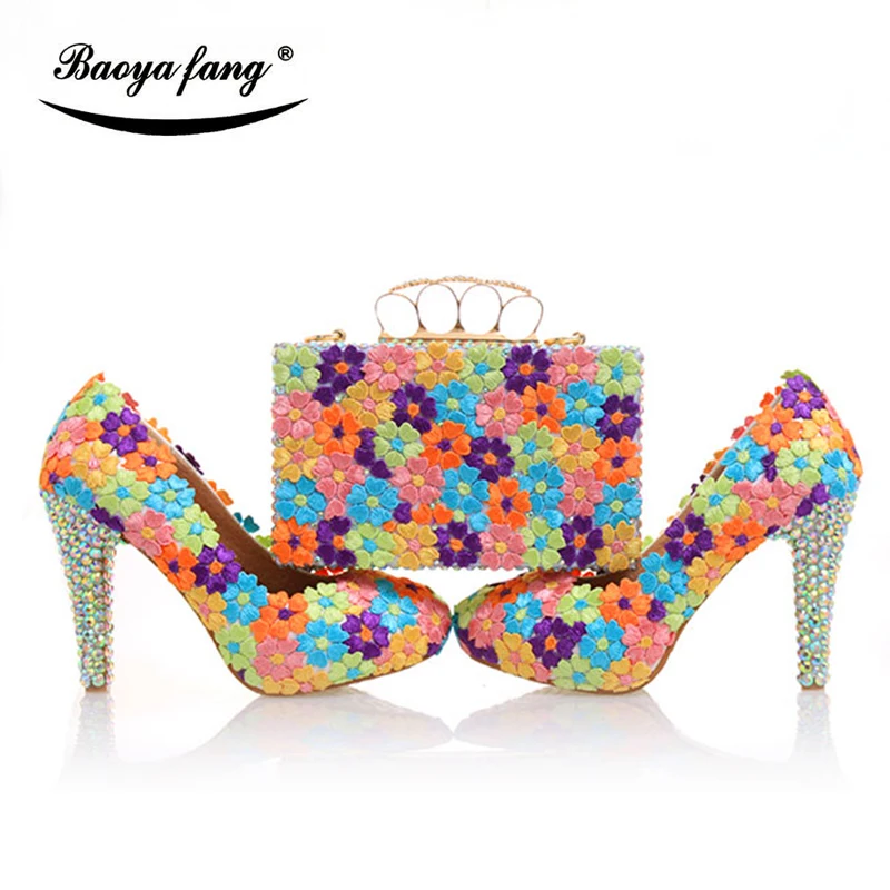 BaoYaFang Multicolor flower shining crystal womens platform wedding shoes with matching bags Clutches high heels female Pumps