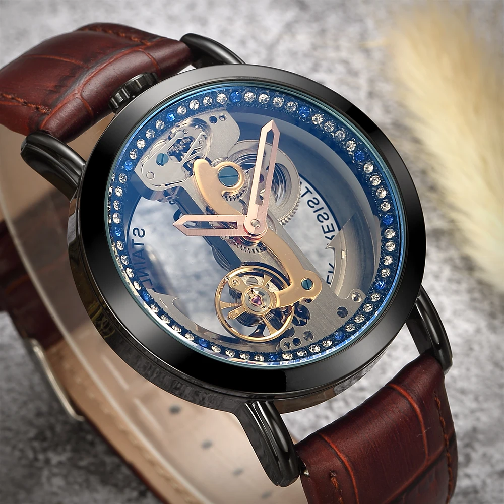 

Creative Transparent Automatic Mechanical Watch Men Luxury Skeleton Gear Self Winding Leather Montre Homme