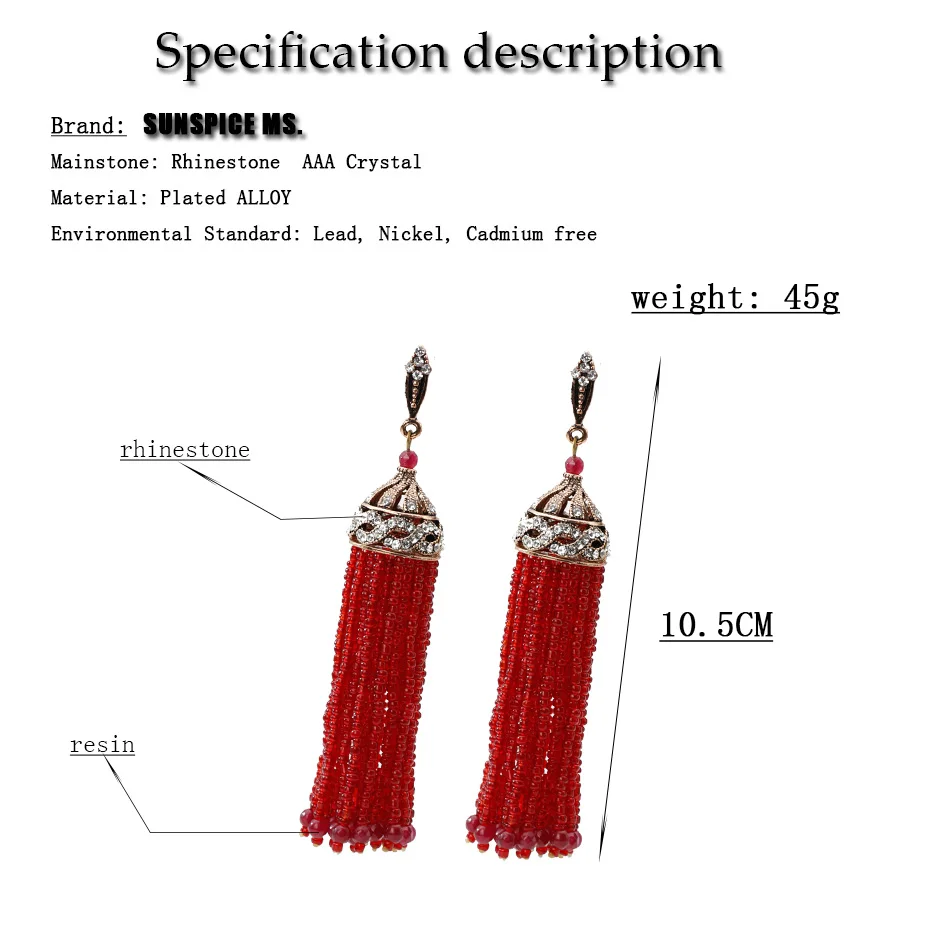 Sunspicems Bohemia Long Hook Beads Drop Earring For Women Turkish Natural Stone Tassels Earring Arabic Bride Wedding Jewelry