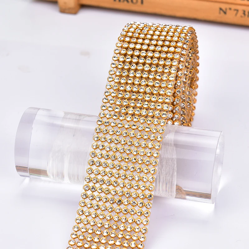 Gold Plating 10 Rows Hot Fix 3mm Rhinestone Trimming Crystal Mesh Banding Iron on Glass Diamond Stripe 1.2 Meters Garment DIY