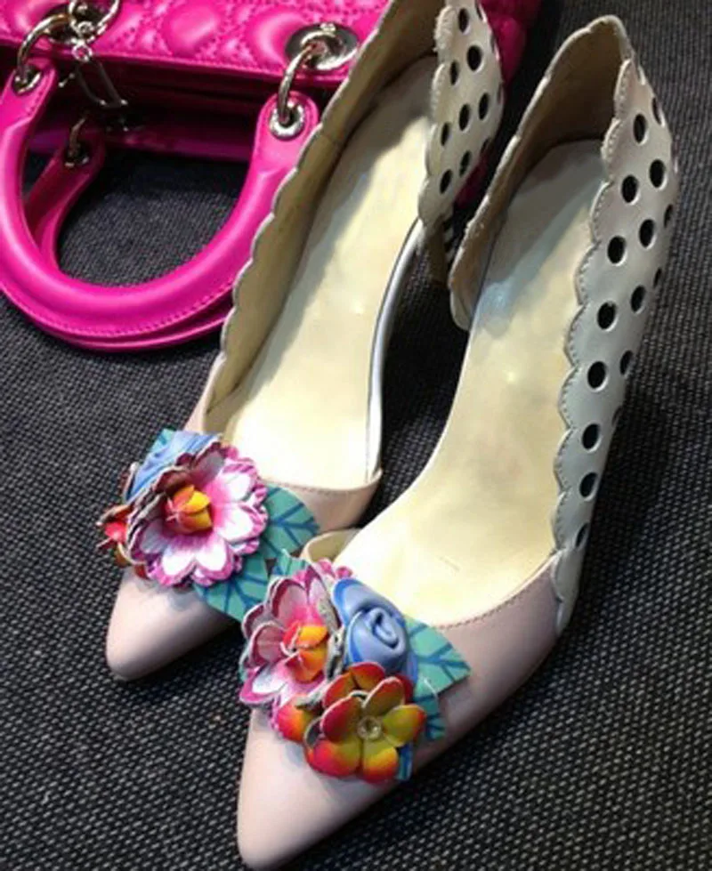 Beauty Bright Colors Flowers Leaves Sandals Ankle Strap Woman Polka Dot Stripe Stiletto High Heel Summer Party Sandalia Shoes