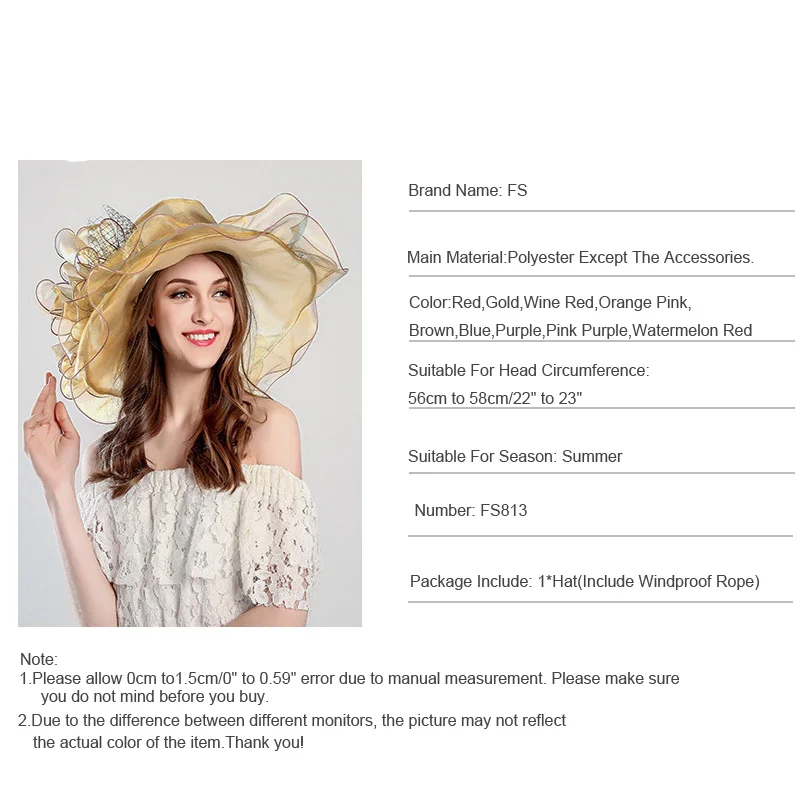 FS 2024 Fashion Summer Organza Kentucky Derby Hats For Women Elegant Ladies Wide Large Brim Church Wedding Hat With Big Flower