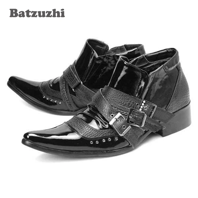 Batzuzhi Japan Hot Sales!! Super Star boots leather pointed toe rivet smooth leather man boots casual black big size 44 45