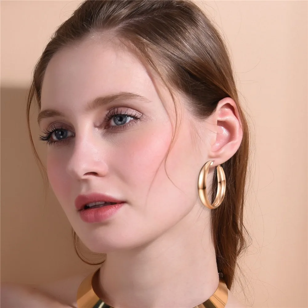 U7 Chunky Stainless Steel  40mm Round Hoop Earring Gold Color Vintage Women Brincos Jewelry