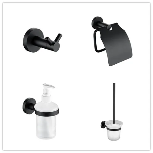 

4 pcs/set Black Stainless steel Bathroom hardware Accessory Set Clothes hook toilet paper holder Liquid soap bottle Toilet brush