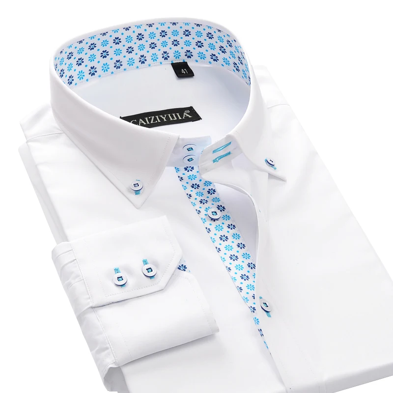 Camisa de vestido de algodão floral estampada masculina, Manga comprida, Botão baixo, Slim Fit, Casual inteligente masculino, Roupa de negócios, Forma Camisas, Marca