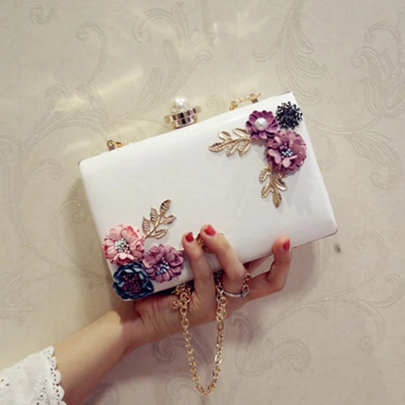 Fashion Women Leather Evening Bag Dinner Party Lady Wedding Flower Clutch Purse(white)