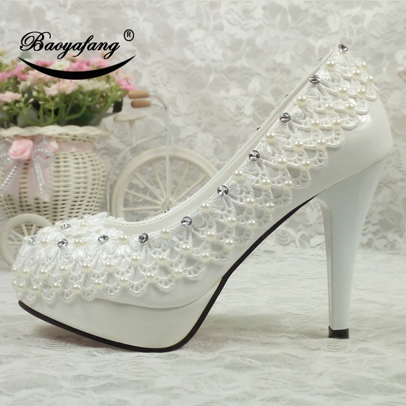 BaoYaFang New Arrival High heel platform shoes White Flower Womens wedding shoes ankle strap with Belt