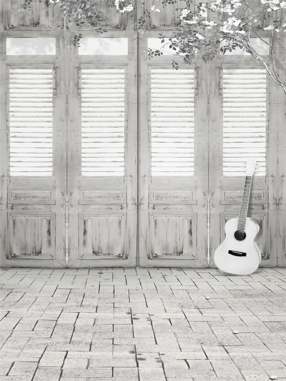 

Vintage Wooden Doors Photography Backdrop Brick Floor Digital Printed White Flowers Guitar Kid Photo Shoot Background for Studio