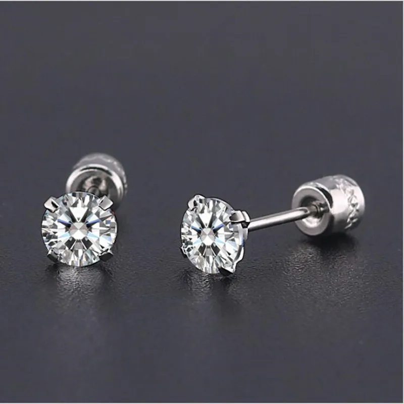 1 pair 2-5mm Brief Stainless Steel With 3A Crystal Zircon Stud Earrings Screw Slim Needle 3MM 4MM 5MM 6MM