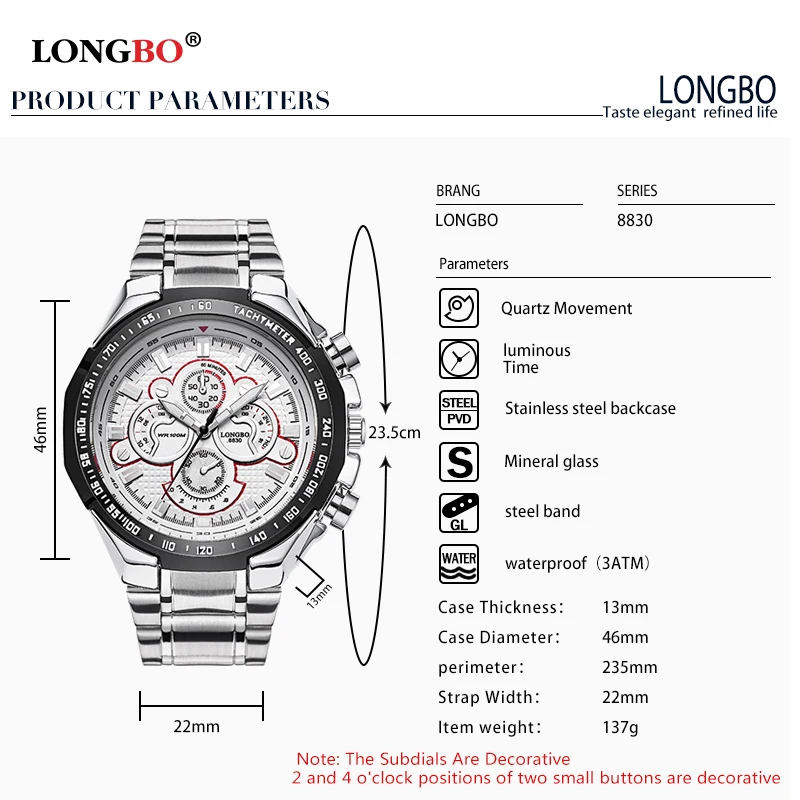 Longbo Militer Pria Penuh Stainless Steel Band Olahraga Arloji Kuarsa Dial Jam untuk Laki-laki Rekreasi Mahasiswa Watch Relogio Masculino