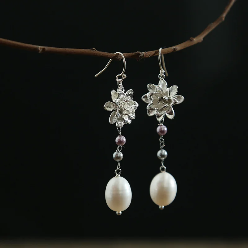 

100%S925 Pure Eardrop Lotus Flower Natural Heart-shaped Pearl White Earrings Korean Handmade Baituan