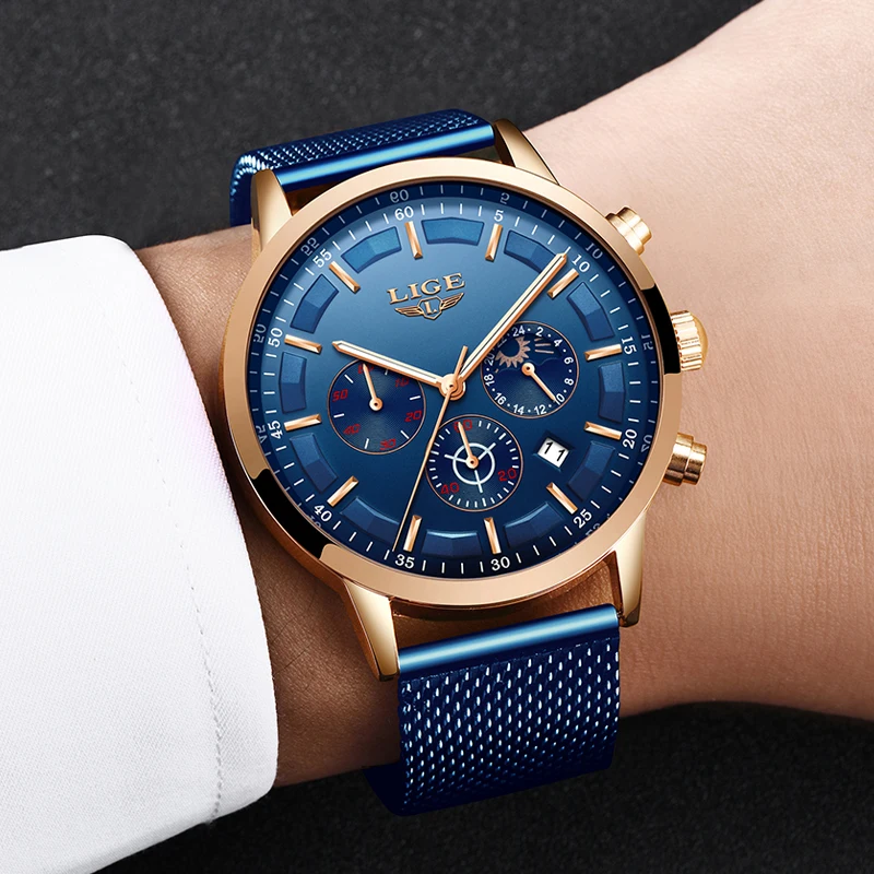 LIGE Top Brand Luxury New Fashion Simple Watch for Men Blue Dial Watch Mesh Belt Sport Waterproof Watches Moon Phase Wrist Watch