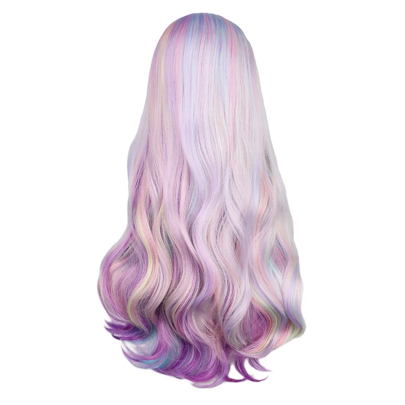 QQXCAIW Rainbow Colorful Long Wavy Wig Cosplay Party Women Heat Resistant Synthetic Hair Wigs