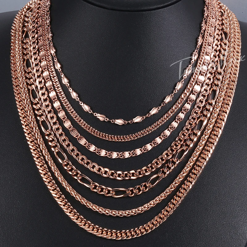 Womens Necklace Bismark Chain 585 Rose Gold Color Necklace Hammered Curb Cuban Rombo Link 3/4/4.5/5mm GNM01