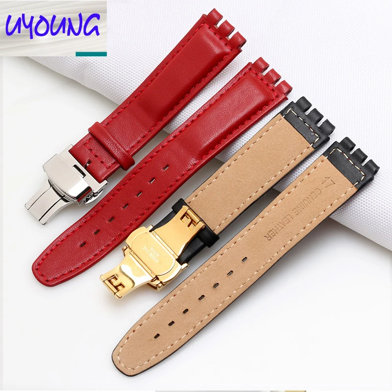 High Quality 17mm 19mm Waterproof Genuine Leather Watch Strap Band For Swatch Croco Pattern Black Brown White Red Watchband