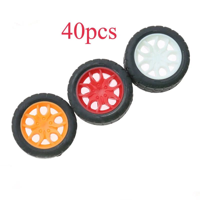 40PCS Toys Car Micro Wheels Rubber Tires Dia 30mm Small Wheel Durable Mini Tyre with Red/Yellow/White Plastic Hub for 2mm Axle