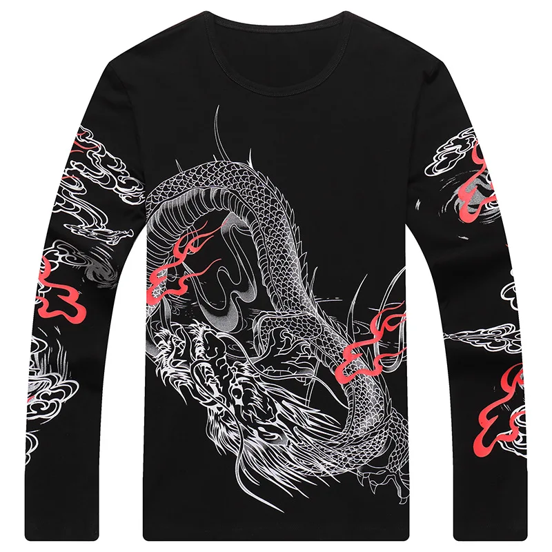 Creative Chinese Dragon Print Fashion Luxury Long Sleeve T Shirt Spring New Quality Cotton Men Designer Clothes Casual Camisetas