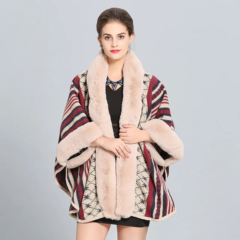 4 Colors Oversize Women Printed Striped Coat Female Long Sleeves Knitted Cardigan Cloak With Hat Winter Faux Rabbit Fur Poncho