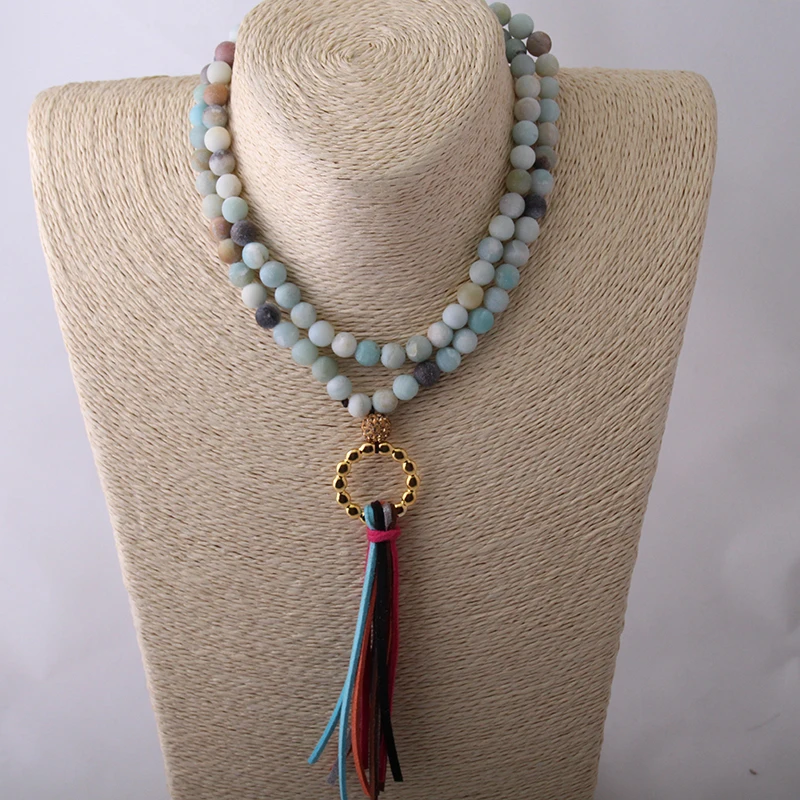 Fashion Amazonite Stones Bohemian Tribal Jewelry Circle Long Tassel Necklace