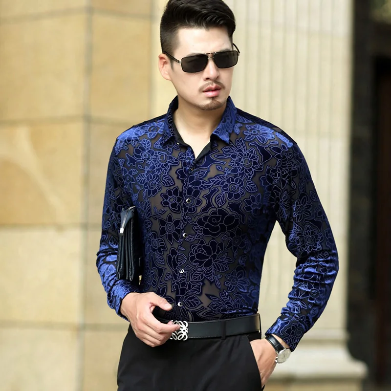 Man Lace Dress Shirt Long Sleeve Silk Velvet Transparent Shirts Hollow Floral See Through Clothes Free Shipping