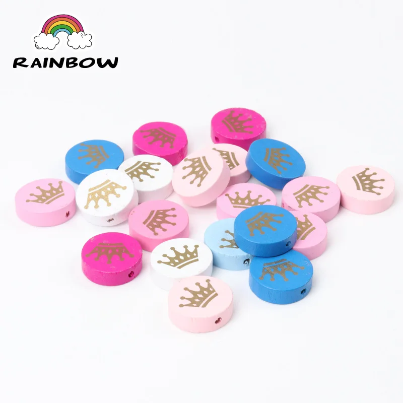 Mixed Colors Crown Pattern Round Wooden Material Spacer Beads For Jewelry Making DIY 20mm 20pcs