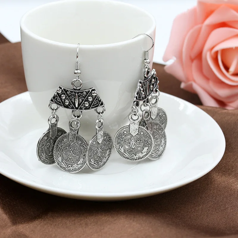2016 nowych moda etniczne czeski cygańskie kolczyki wiszące sektor projekt Boho indyjska biżuteria długi duży wisiorek starożytne monety kolczyki