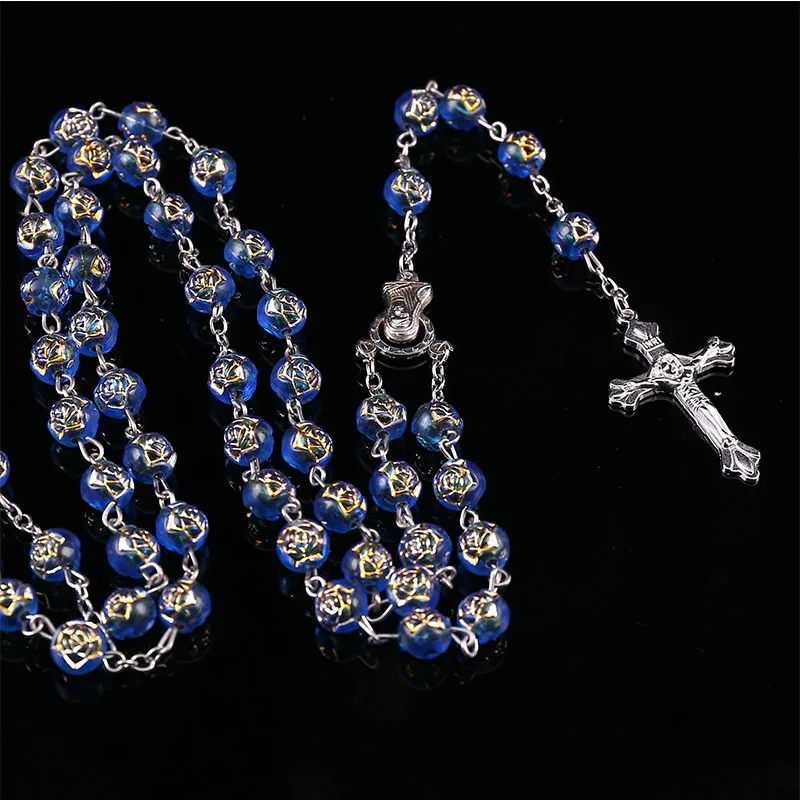 8mm Round Rose Bead Necklace, Heart-shaped Rosary Jesus Pendant in Catholic Virgin Mary Center