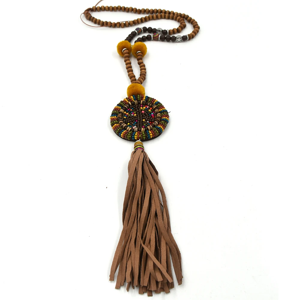 New handmade leather tessal peace symbol pendents necklace boho Bohemia Seedbeads chain Ethnic long Necklaces  for women