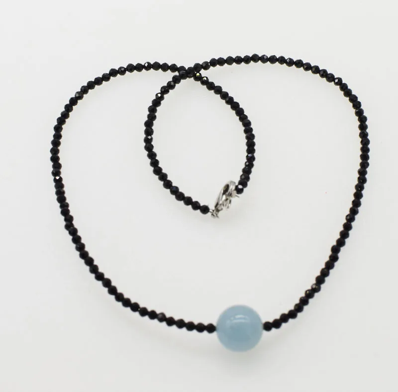 

black spinel faceetd 3mm round and aquamarine 12mm necklace 16.5inch nature wholesale FPPJ