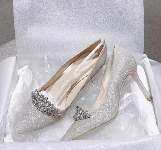 

Carpaton Wedding Shoes Woman Newest Pointed Toe Crystal Embellished Thin Heels Pumps Silver Pink Glitter Party Shoes