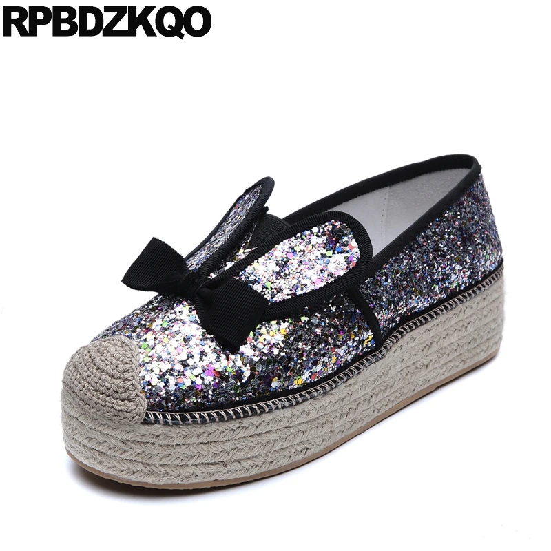 

Rabbit Women Cute Glitter Gold Platform Bow Autumn Spring Bling Sequins Single Shoes Large Size Flats Hemp Espadrilles Creepers