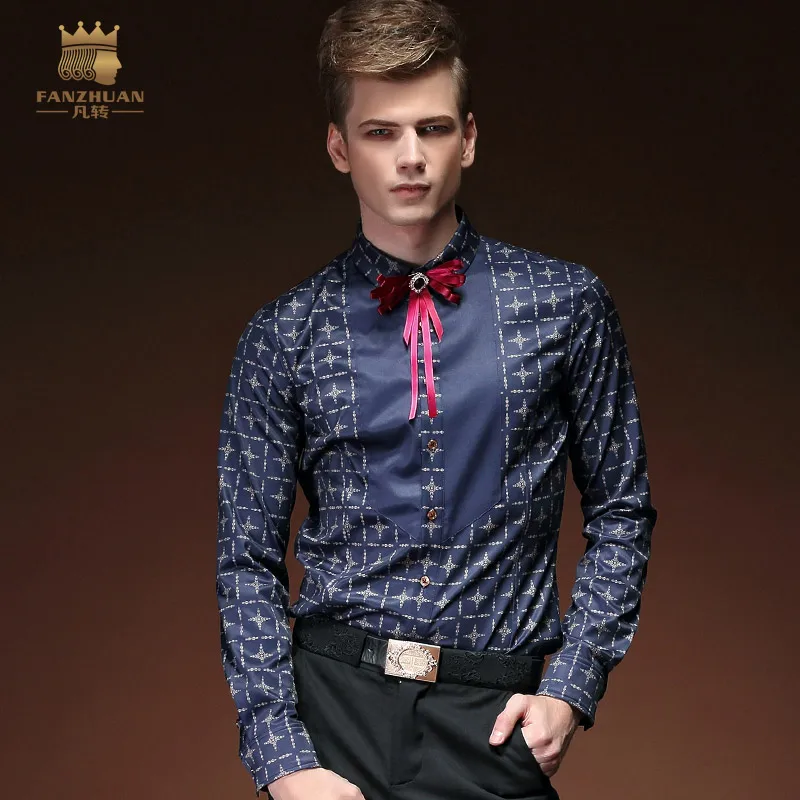 Fanzhuan Gratis Verzending Nieuwe Mannelijke Mode Toevallige Mannen Man Slanke Plaid Blauw Lange Mouwen Persoonlijkheid 15214 Blouse Piekte Kraag