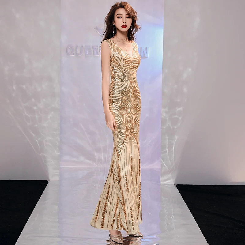 Weiyin – Robe De soirée longue et Sexy, style sirène, dos nu, couleur or et champagne, paillettes, Spaghetti, robes De bal, 2018