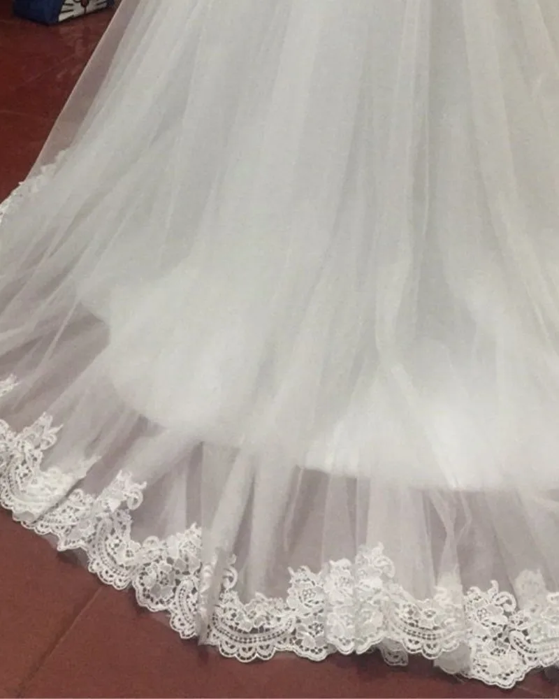 Novo branco marfim manga longa vestido de baile vestidos de casamento tule com apliques renda plus size vestido de noiva de 15 anos