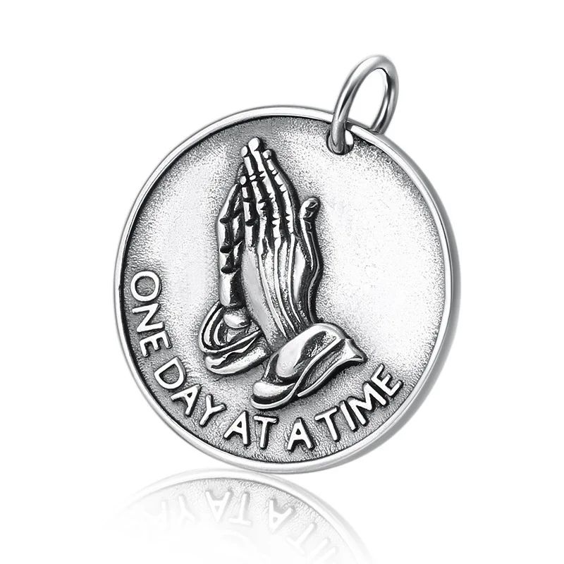 BOCAI New 100% S925 Silver Vintage Fashion Round Pendant Personality Prayer Hand Letters Men and Women Pendant