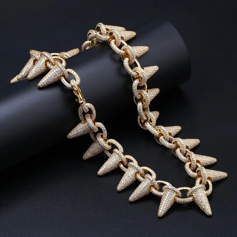 Luxury AAA Zircon Rivet Spike Chain Link Men Necklace Gold Silver Color Bling Iced Out CZ Hip Hop Rapper Necklaces Male Jewelry