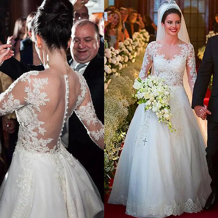 2021 elegante abito da sposa a trapezio con scollo gioiello in Tulle con applicazioni in pizzo con perline vedi attraverso abiti da sposa a maniche lunghe